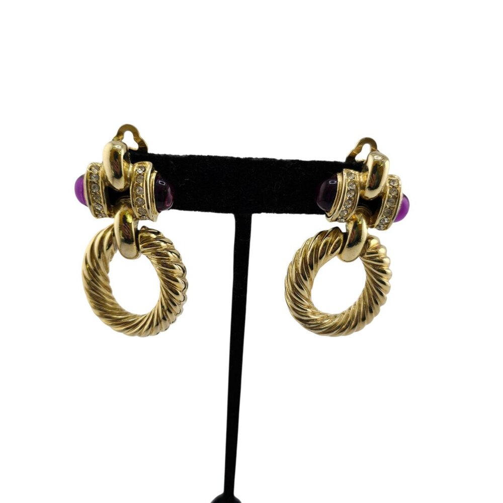 Vintage 80s 2-Tone Purple Mogul Rhinestone Twisted Gold-Plated Hoop Earrings